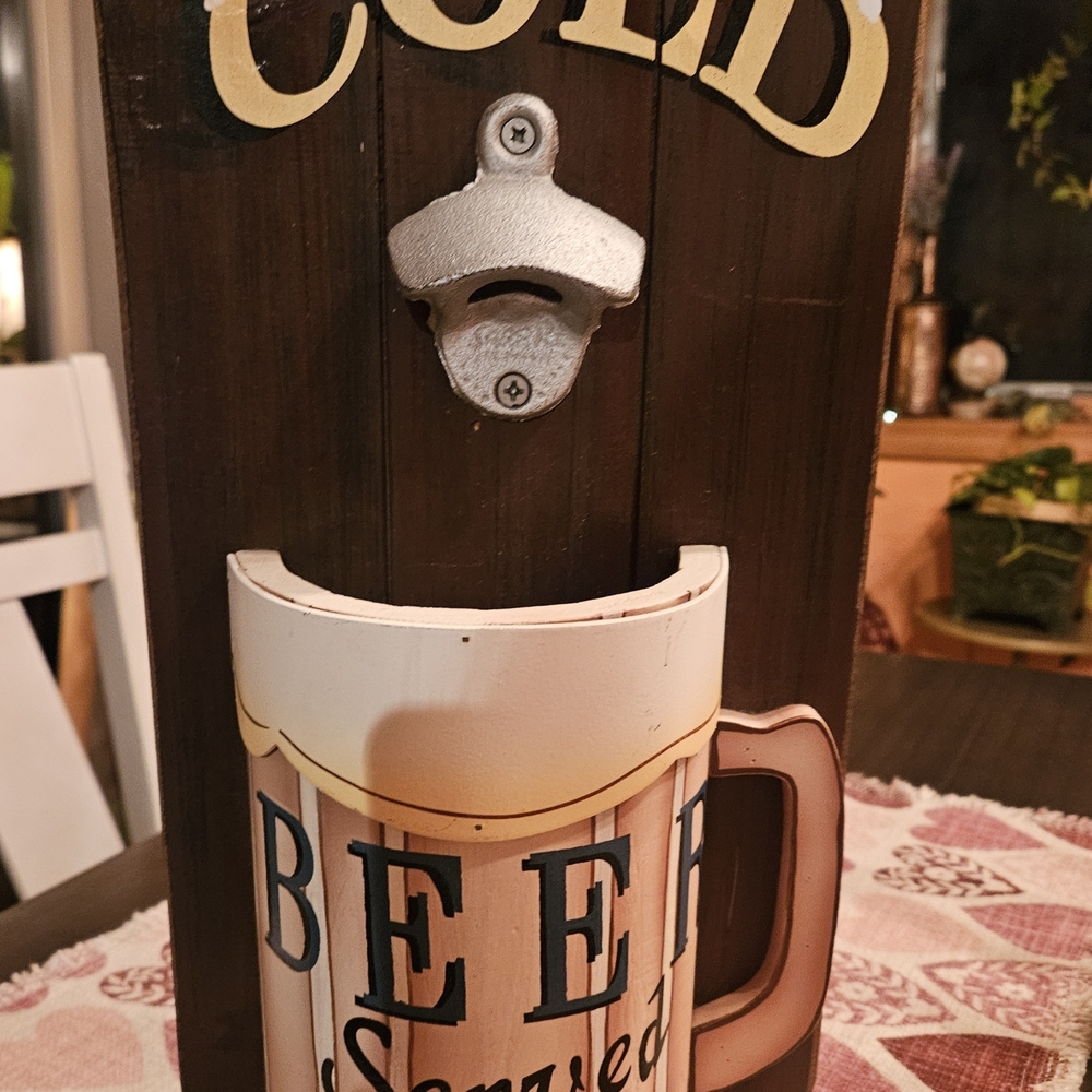 Vintage Wood "Cold Beer Served Here" Bar Wall Sign with Cast Iron Bottle Opener